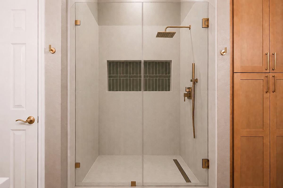Cream tiled shower with a green glass niche and brass fittings, Austin, TX